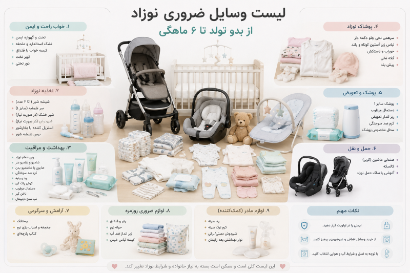 وسایل ضروری برای نوزاد از بدو تولد تا 6 ماهگی