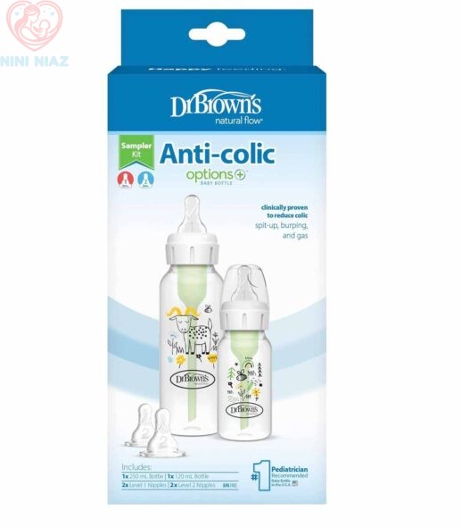 شیشه شیر طلقی باریک 2 عددی 120 و 250 میلی لیتر (طرح گاو و زنبور) مدل 005، ضد نفخ دکتر براون Dr Brown's
