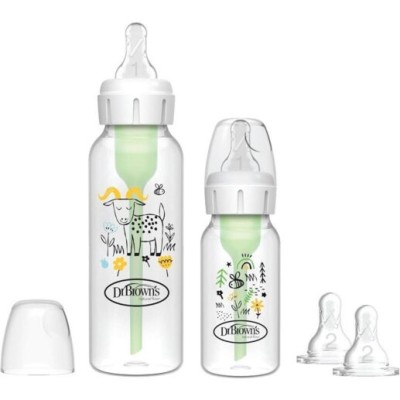 شیشه شیر طلقی باریک 2 عددی 120 و 250 میلی لیتر (طرح گاو و زنبور) مدل 005، ضد نفخ دکتر براون Dr Brown's