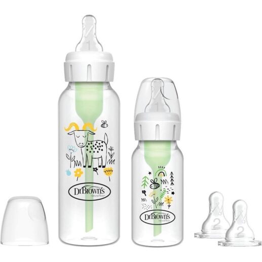 شیشه شیر طلقی باریک 2 عددی 120 و 250 میلی لیتر (طرح گاو و زنبور) مدل 005، ضد نفخ دکتر براون Dr Brown's